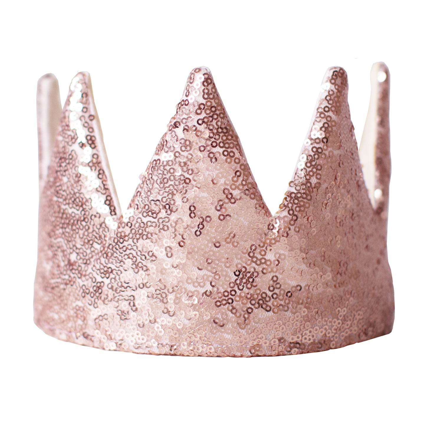 Children's Rose Gold Sequin Crown with unbleached cotton backing and cotton tape ties, handmade in England for creative play.